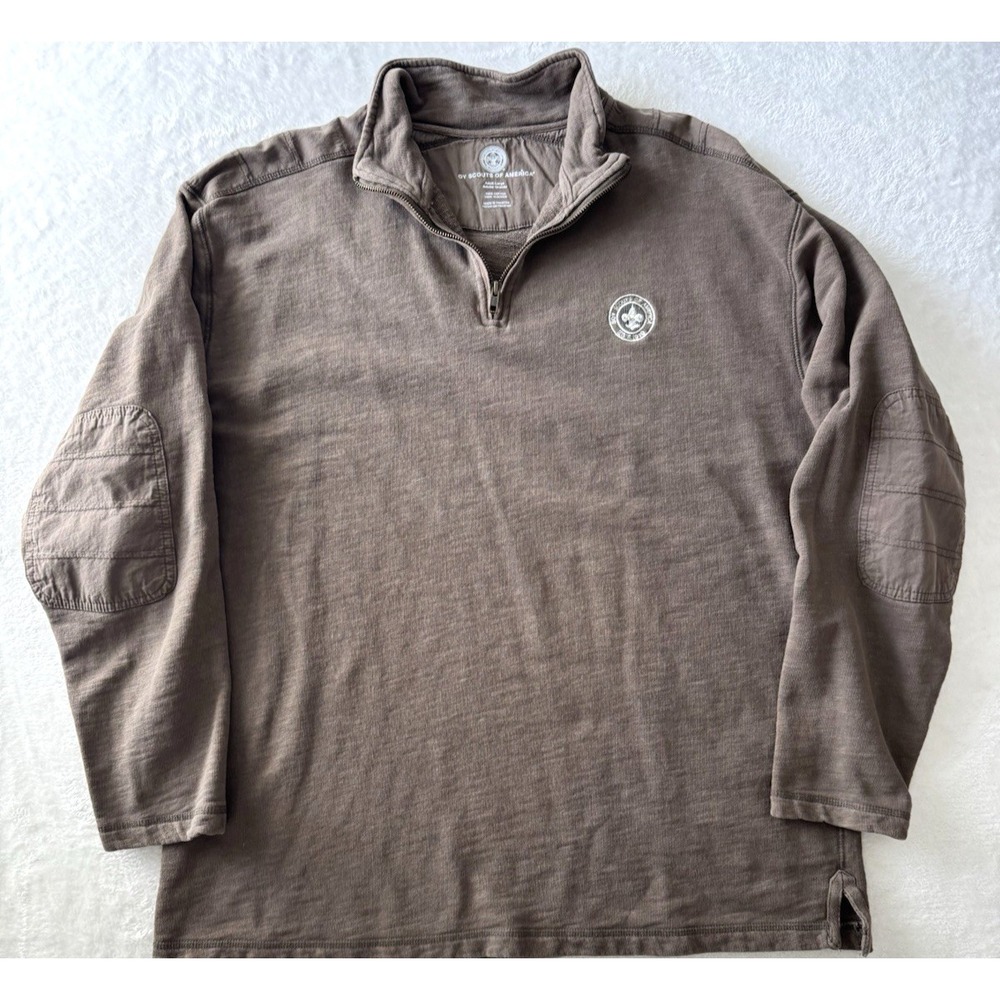 Boy Scouts Of America Quarter Zip Pullover Mens Size Large Elbow Patches Brown